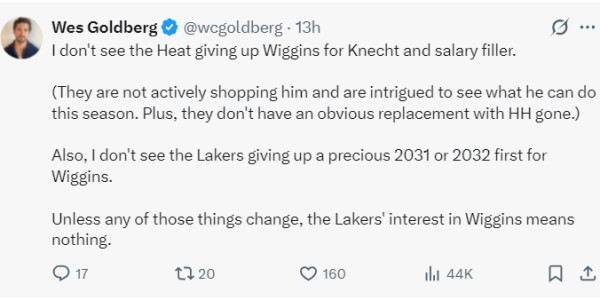 热记曝湖人交易维金斯要点：湖媒列4换1出首轮 完美先发可冲冠